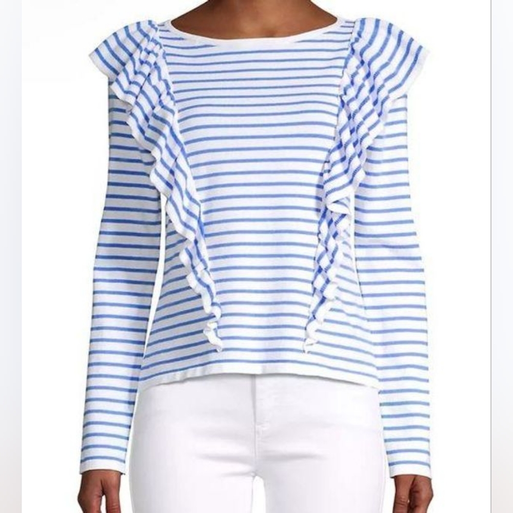 Lilly Pulitzer XL Ruth Ruffle Bennett Blue Beach Stripe Sweater